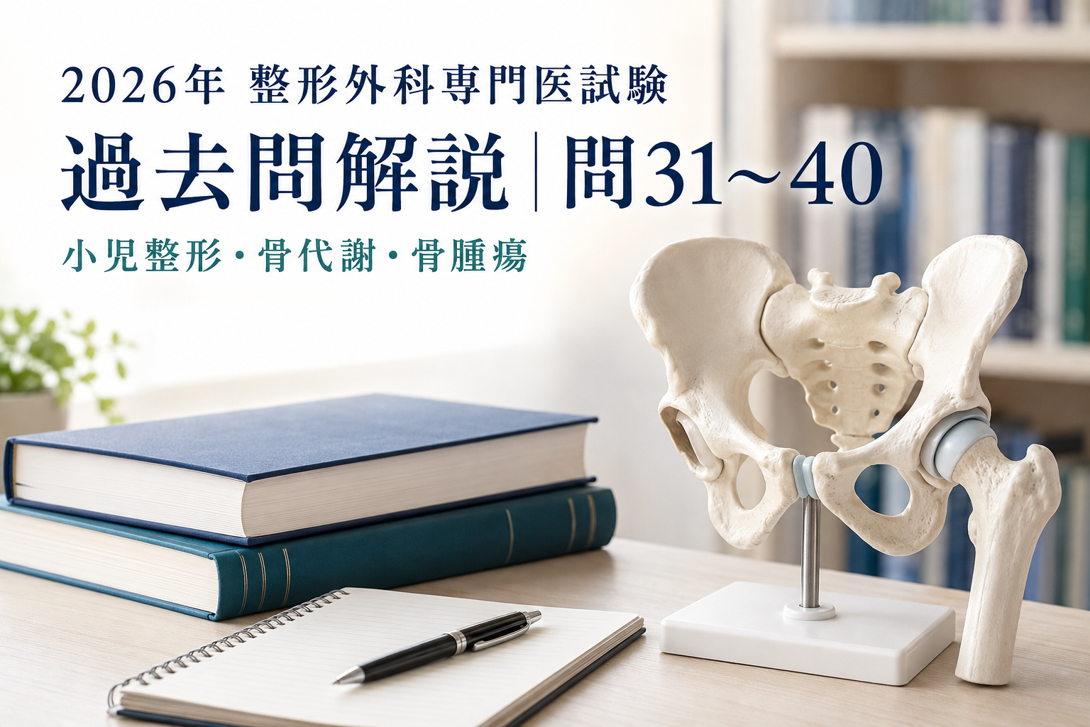 2026年整形外科専門医試験・問31〜40の過去問解説。骨盤模型と医学書を配した学習イメージ