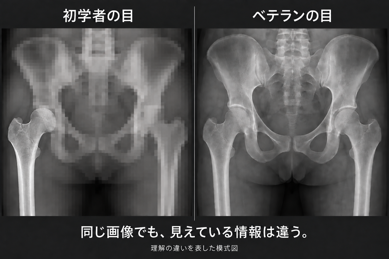 股関節X線の見え方を比較した模式図。初学者は右大腿骨だけが鮮明で周囲はモザイク、ベテランは骨盤と両大腿骨全体が鮮明に見える。