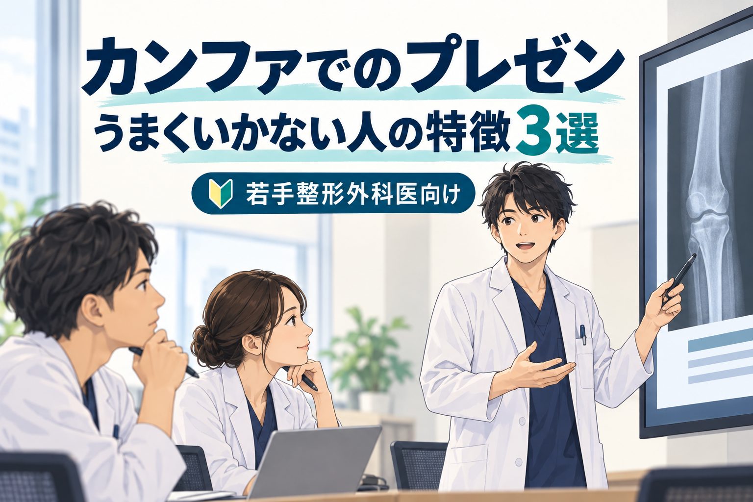 整形外科のカンファで骨の画像を示しながら症例を発表する若手医師と、話を聞く同僚のイラスト